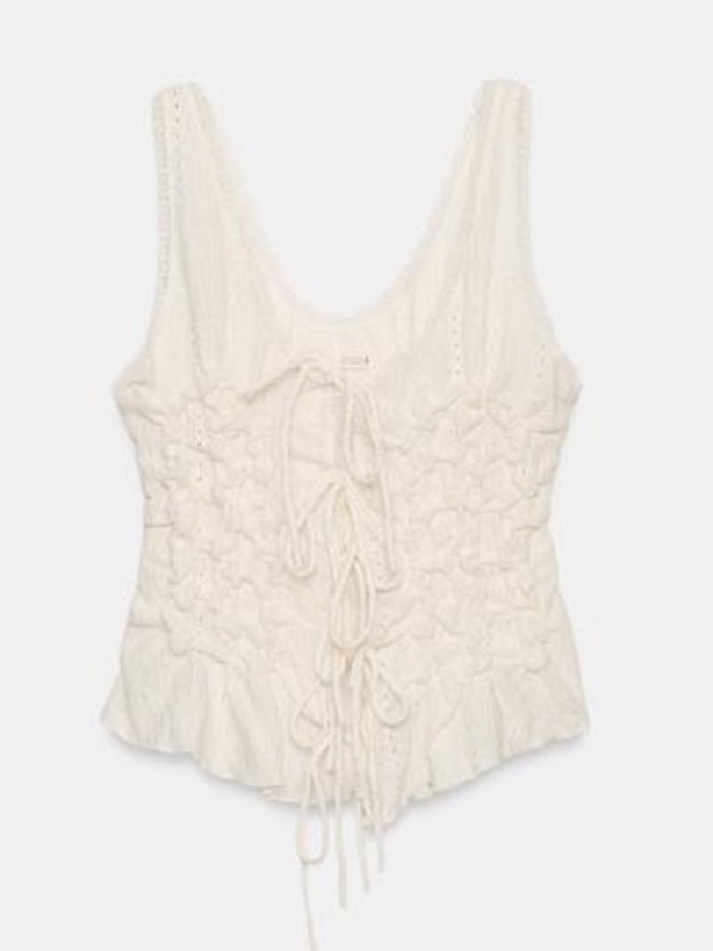 NEW ZARA Round Neck Front Tie Closure Sheer Blouse Eyelet Embroidery Sz Lg